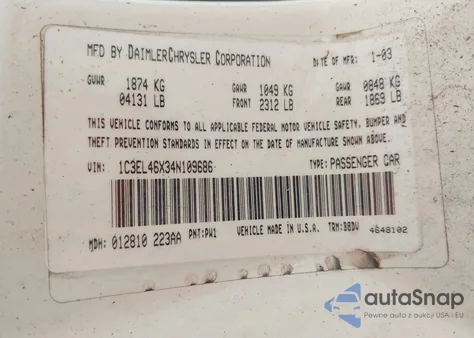 2003 Chrysler Sebring Lx z USA, uszkodzony, nr VIN 1C3EL46X43N109686